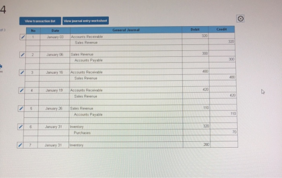 View transaction list View journal entry worksheet General Journal Debit Credit No 1 Date January 03 Accounts Receivable Sale