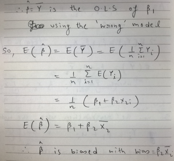.. p= Y is the O.L.S of fi for using the wrong model so, E($) = E(F)- E (1 TY :) n n i=1 Į (Bet patri) E (P) = 8 + f ₂ X . ß
