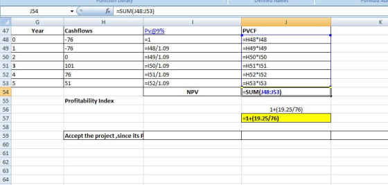 PURCLIOFI LIUdly Denne Ndes J54 fax =SUM(348:J53) Year Pv@9% Cashflows -76 47 48 0 49 1 50 2 -76 =148/1.09 =149/1.09 =150/1.0