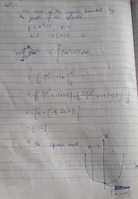 sol :- area of the bounded The the region by graph of the equation y = x²15 y=0 and -32 zelo 0 -5 (222-15) de O 23 T52 1° (ن
