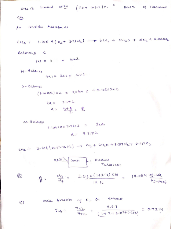 buned with theoretical CHA is 110.67 (110+ 0.322 14. air so considu reaction as + bco₂+ 1.106 a (02 + 3-76N2) CHqt CH2O + d N