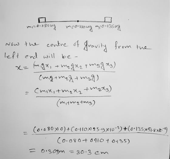 m=0.080ug meolloug m=00135kg Now the centre of Gravity from the left end will be x= migx, + me guzt magaz) - Cmgtmad+maq) = C