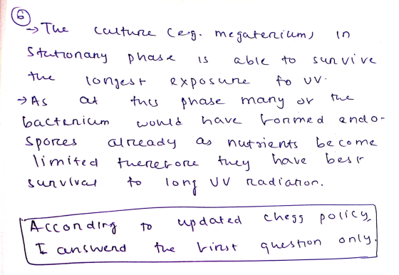 - Couture Ceg. megaterium) in Stationany phase is able to sunvive the longest exposure to uv As at this phase many or the bac