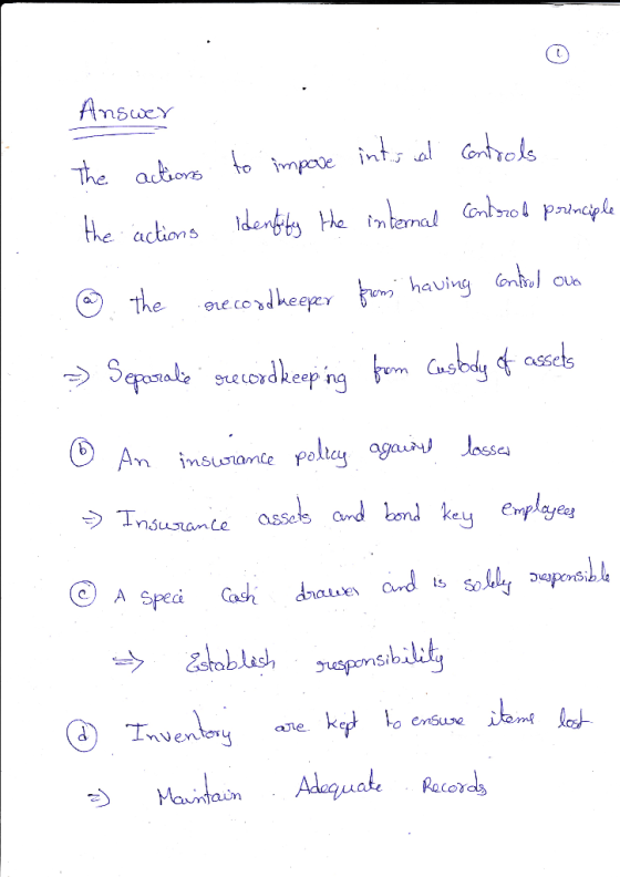 Answer The actions to impose ints al controls the actions. Identify the internal control principle @ the recordkeeper from co