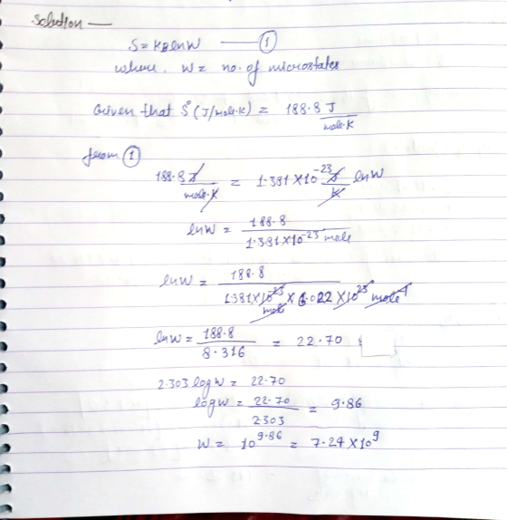 solution - SzkBeuw where We no. of microstates biven that Ś (Ilmakive) z 188.3J from 188-8% z 1-381x10 euw duw z 1 ff. 8 +38