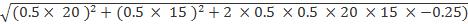 (0.5 x 20 )2 + (0.5 X 15 )2 + 2 x 0.5 x 0.5 x 20 x 15 x -0.25)