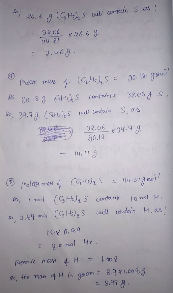 So, 26.6 g 26.6 g (GHS will contain S as: - 32.06 x 26.6 g nu.21 = 7.46 g. dar mass of ( tts) as go. 18 gonor As 90.18 g (tod