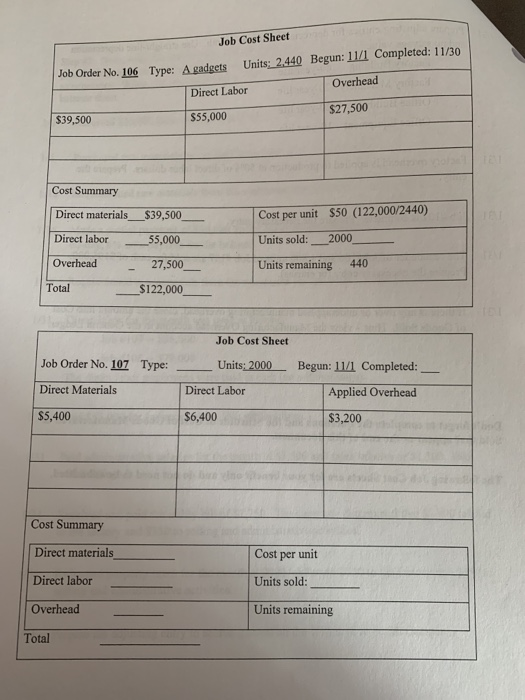 Job Order No. 106 Job Cost Sheet Type: A gadgets Units: 2.440 Begun: 114 Completed: 11/30 Direct Labor Overhead $27,500 $55,0
