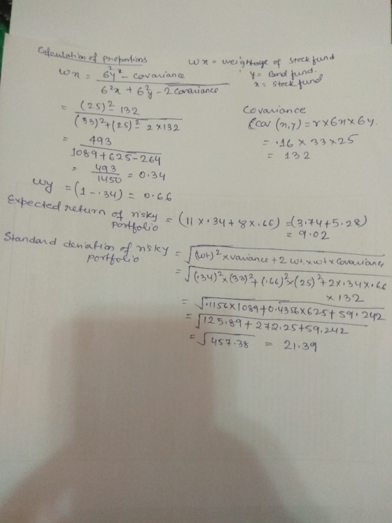 Cofculation of proportions wn weightage of stock fund ton- Gy? covariance y = Bond fund. na stock fund 622 +67-2 Canariance