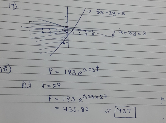 17. -> 5x-3y=5 2 3 4 xt5y=3 18 P = 183 e 0.037 At t=29 P=183 e 0,03 x 29 = 436.80 X 1237