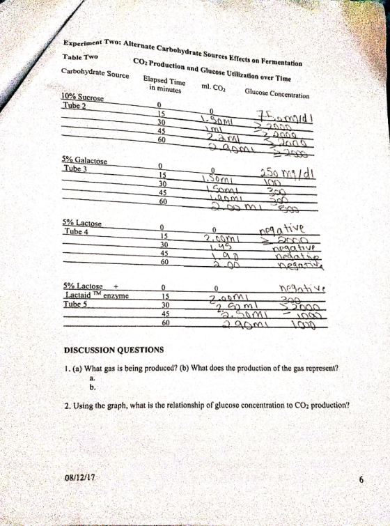 Experiment Two: Alterna Table Two ct Two: Alternate Carbohydrate Sources Effects on Fermentation CO2 Production and Glucose U