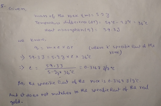5. Criven, mans of the rock tm) = 5.28. Temprature difference (ot) = 59°c - 23° 0 = 3600 Heat absorption (9) = 59.3J we know,