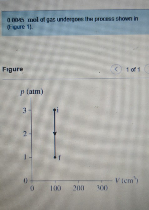 0.0045 mol of gas undergoes the process shown in (Figure 1). Figure 1 of 1 p (atm) 0 + 0 100 200 - V (cm) 300