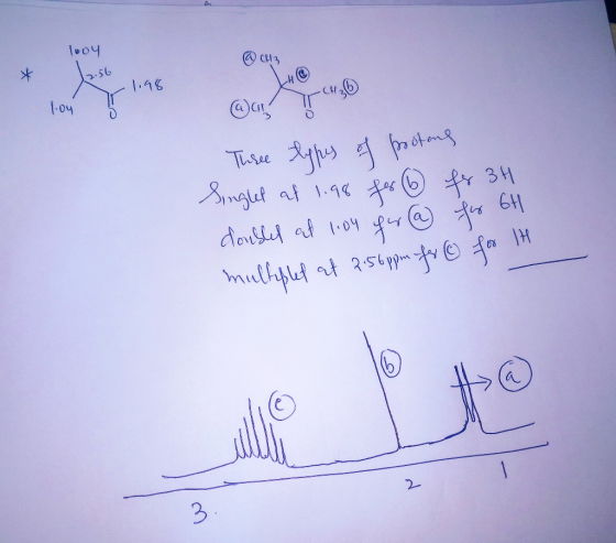 1004 12.56 1.98 1.04 @gu Lapu Three types of protens Singlet at 1.98 for 6 fr 34 doubled at 104 fer @ for 6H multipled at 2.5