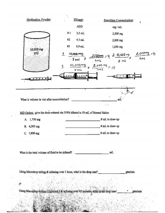 Medication Powder Diluent: Resulting Concentration: ADD mg/ml #1 3.5 mL 2,500 mg #2 4.3 inL 2,000 mg 8.9 mL 1,000 mg 1. 10,00