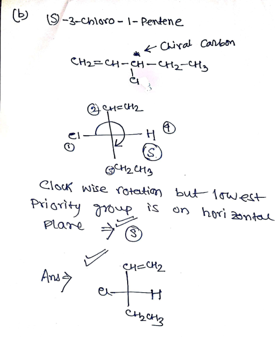(P (S)-3-chloro-1-pentene k Chiral Carbon CH2=CH-CH-CH2-CH₃ 엄대로 oera Clock wise rotation but lowest Priority group is on hori