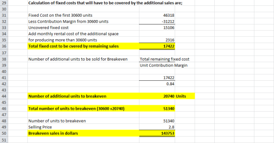 Calculation of fixed costs that will have to be covered by the additional sales are; 29 30 Fixed Cost on the first 30600 unit
