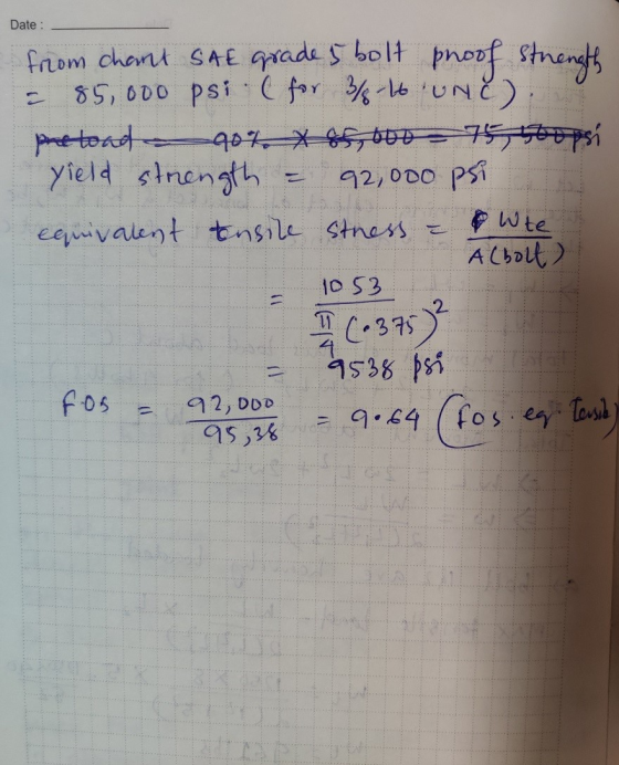 Date : from chant SAE grade 5 bolt proof strength = 85,000 psi (for 3/16 UNC). pretoad - 90%. X 85000 75 stopsi yield strengt