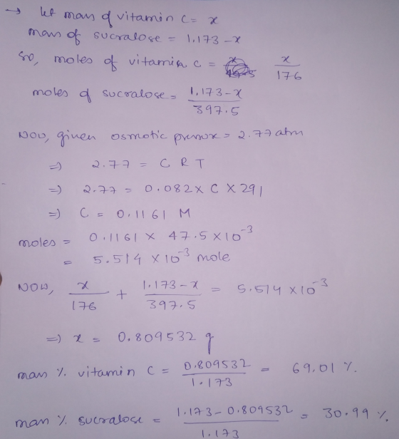 let man of vitamin c = x cralose = 1,173 - x so, moles of vitamin c = moles of sucralose, 1, 173-2 397.5 Now, given osmotic p