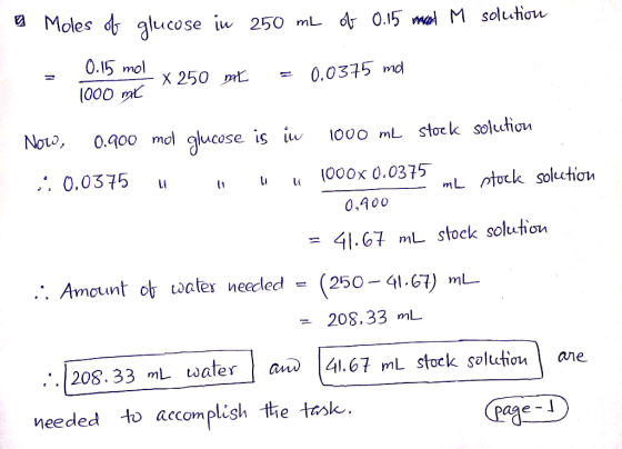 Moles d glucose iw 25O mL dr 0.15 mel M solutiou 0.15 mol X 250 mL 0.0375 md (000 t Noto 0.g00 mol glucose is iw 1000 mL stoc