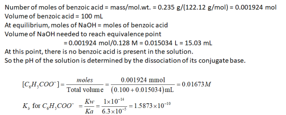 Number of moles of benzoic acid = mass/mol.wt. = 0.235 g/(122.12 g/mol) = 0.001924 mol Volume of benzoic acid = 100 mL At equ