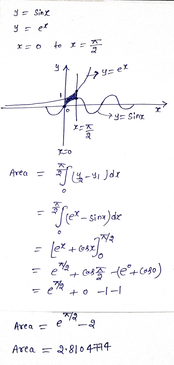 y = Sinx y = et x = 0 to x = 27 Y A y= ex P ^ X > y= Sing 11 klor KO Area = $94-41 Jo Tex Klor = sinx)de si ina Lex + Cosx ta