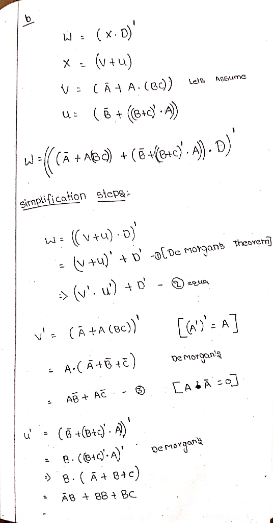 W = (x.D) x = (v +u) VECĀ PA.(BC)) leta Assume uz ( +(+2) - A) w((Ā +82) + (+68+c. A). D) simplification stepa. W: ((v+u).D