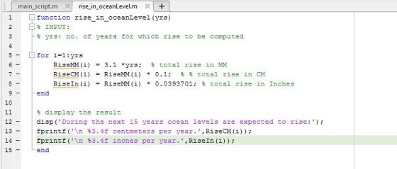 main-script.m XI rise_in_oceanLevel.m X1+1 1 function risein ceanLevel (yrs) - 白% INPUT: yrs : no. of years for which rise to
