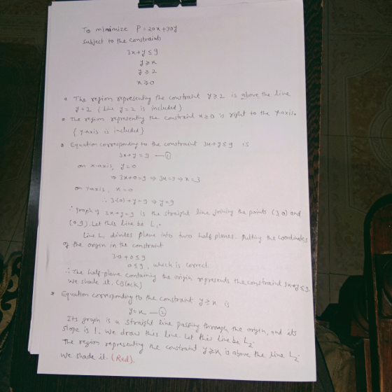 P 20x+30 To minimize Subject to the constraints 3x+y9 2 is above the line the Constraint The regin presentiy 2 Lihed =is incl