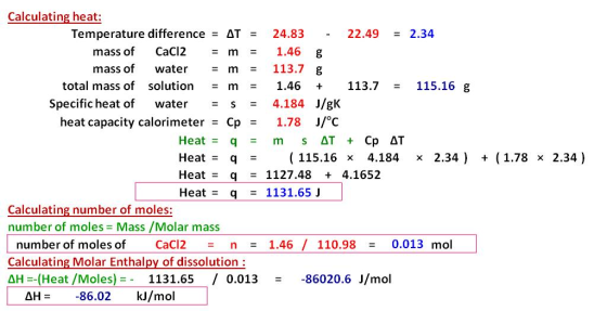 Calculating heat: Temperature difference AT = 24.83 22.49 = 2.34 CaCl2 1.46 mass of =m g 113.7 g mass of water =m total mass
