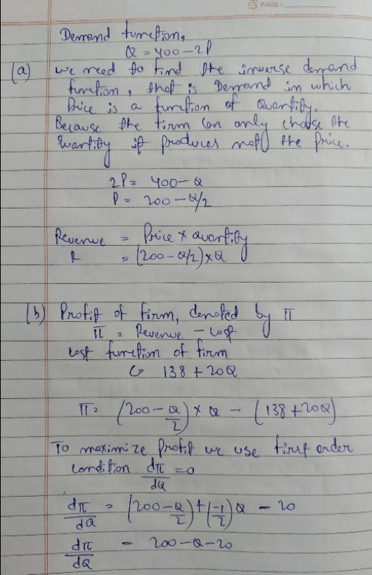 PAGE Ta Demand turretion, 400-21 we need to find the inverse derrand function, that is Derrand in which Price is a function o