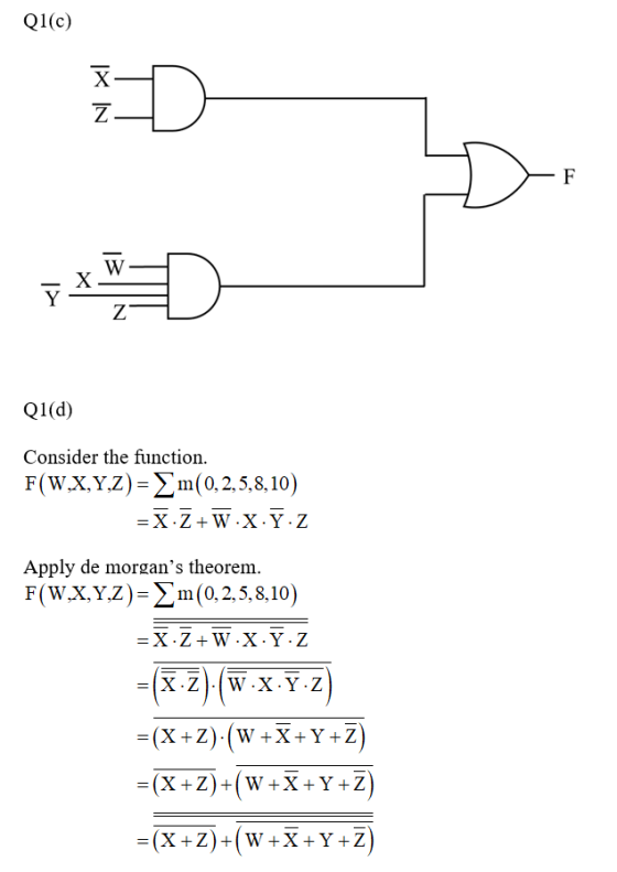 Q1(c) IXN Qi(d) Consider the function. F(W.X,Y,Z) = m(0,2,5,8,10) = X-Z+W.X Y Z Apply de morgans theorem. F(W.X,Y,Z)= m(0,2,