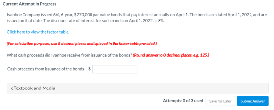 Current Attempt in Progress Ivanhoe Company issued 6%, 6-year, $270,000 par value bonds that pay interest annually on April 1