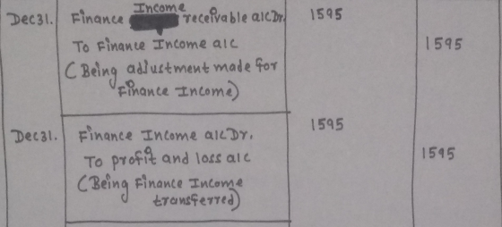 1595 1595 Dec31. Finance thcom receivable alco To Finance Income alc C Being adjustment made for Finance Income) 1595 Decal.