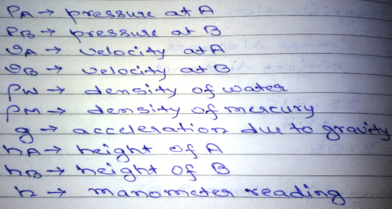 Pwy PA pressure at A PBT pressure at B GA velocity at A Ось -> velocity at o density of water pom density of mercury g> accel