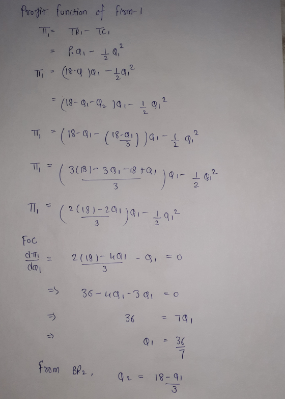 Profit function of from-1 TT, TRI- TI 2 Podi - I Qi TI - (18-49 ) - 40,2 2 (18-01-2₂ 101- I al 2 IT, = ( 18-01- ( 18-01) 201