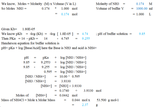 We know, Moles = Molarity (M) x Volume (V in L) So Moles NH3 = 0.174 * 1.000 mol = 0.174 mol Molarity of NH3 = Volume of buff