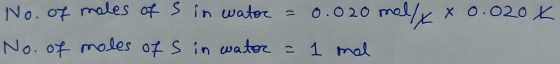 No. of males of sin water = 0.020 mol/xx 0.020x No. of moles of s in water = 1 onal