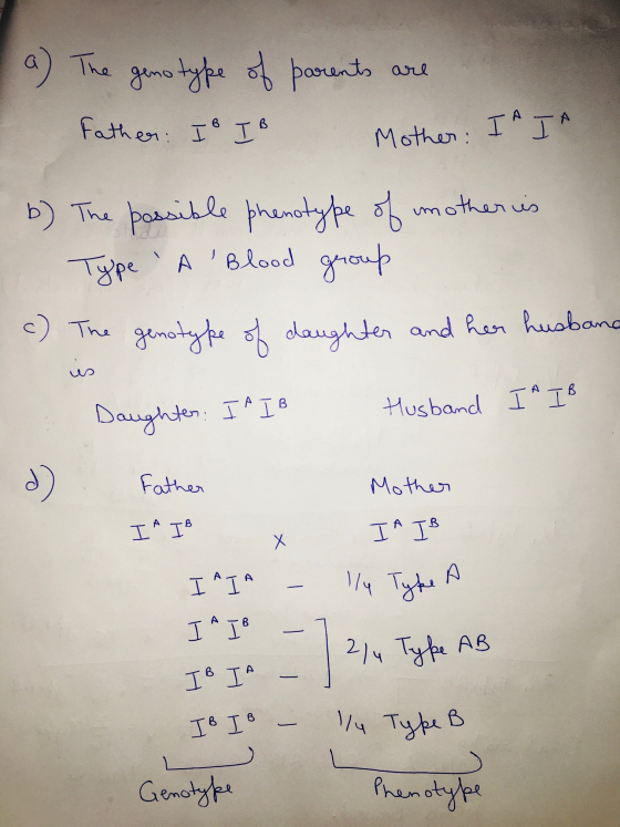 eno a) The genotype of parents are Father: Io IB Mother: IA IA b) The possible phenotype of mother is - Type A Blood group
