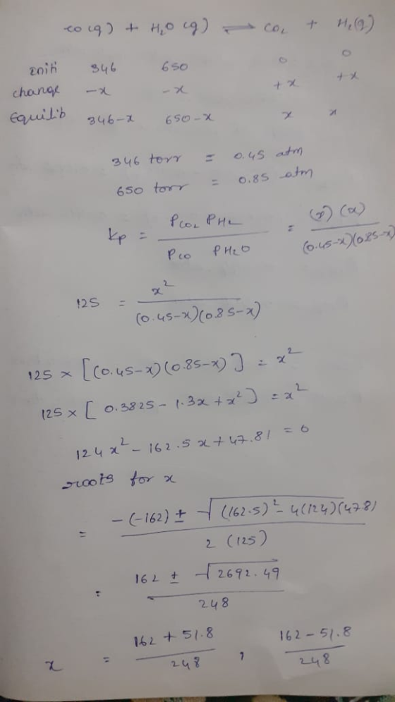 coug) + Horg) Co 346 650 + 2016 change Equilib 346-2 650-X - 346 torr 0.45 atm 0.85 atm 650 torr PCOLPHL (0.45-x)(025) Pro PH