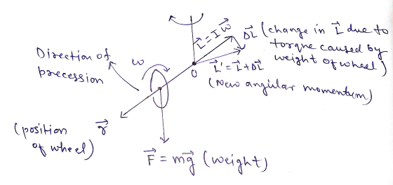 I si (change in I due to Kit torque caused by l aitot weight of wheel Direction of wa precession o (new angular momentum) (po