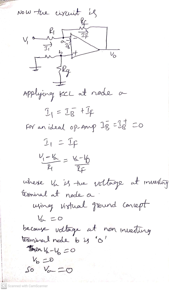 Now the circuit is £ Ri > 쿄 Rg a ارا Applying KCL at ne rode FIB + If For an ideal op-Amp 18 = 15 co I1 = If u-va = va-vo R R