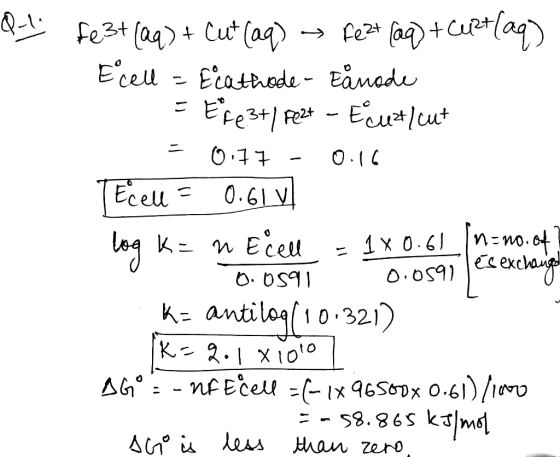 Fe2t (aq) Cut (a4 Ecel - Etathode- Eamadu Erest) Re- Euut Ecell 0.61V 1x 0.6 0.os9excag lea knEcel K- antiloa10.321) K 2.1 X1