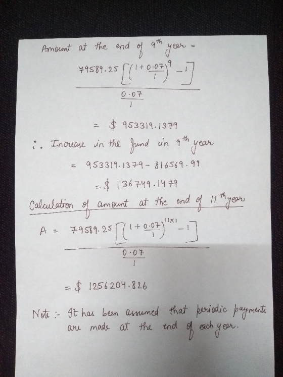 Amount at the end of 9th year = 49589.25 / (1+0.02) - 17. 0.07 = $ 953319.1379 :. Increase in the fund in 9th year = 953319.1
