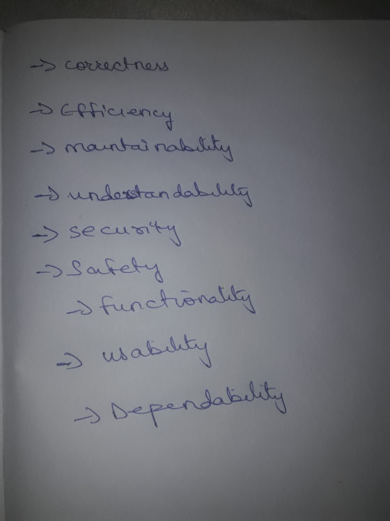 - correctness Erficiency - mountainability understandability - secusity - Safety - functionality usability - Dependability