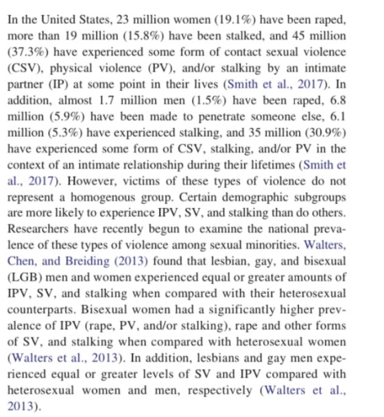 In the United States, 23 million women (19.1%) have been raped, more than 19 million (15.8%) have been stalked, and 45 millio