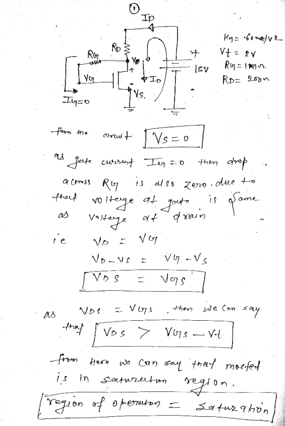 45 RO RG 4 Ky = 60mAlue vt = 2V Ry=innar 15V You VID Ro= 2oon Vs. Iluso from the chruit Vs=0 due to is Some voltage gelte cur