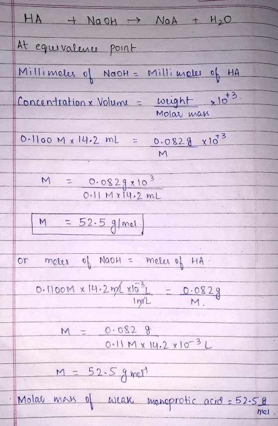 I HA & NaOH → NOA + H₂O At equivalence point Millimeles of NaOH = Millimoles of HA I concentration x Volume = weight alo Mola