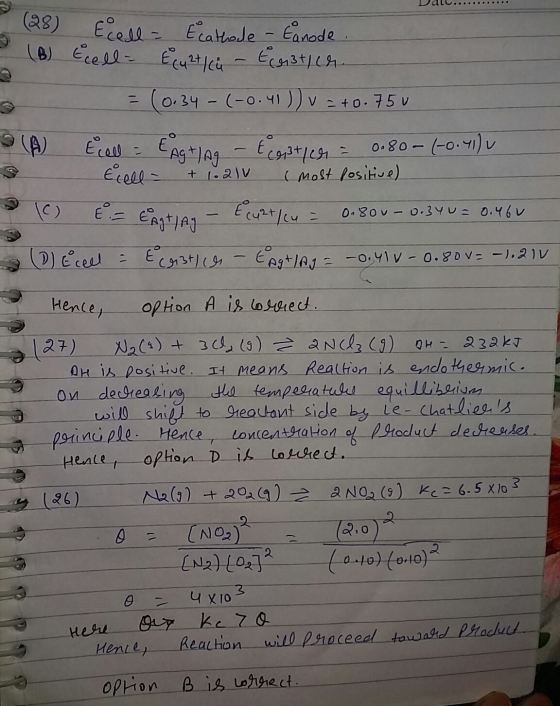 (28) Ecell = Ecathode - Eanode (B) Ecell- & Cu 2+ Ice - € (natier. = (0.34 - (-0.41)) v = +0. -0.750 E cell = E Agrlag - t ca