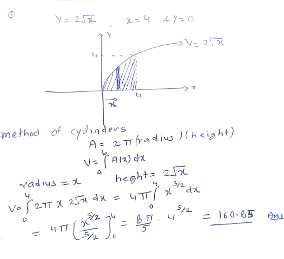 - y = 252 : x=4 4y=0 - Y=250 method of cylinders A= 2 Ifradius) (height) v=8A12) dx radius = x “ height= 2551 V=827 x 250 dx